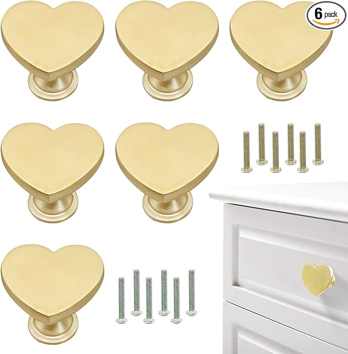 6 Pcs Brass Heart-Shaped Gold Cabinet Knobs, Suitable for Bathroom & Kitchen Drawer Pulls
