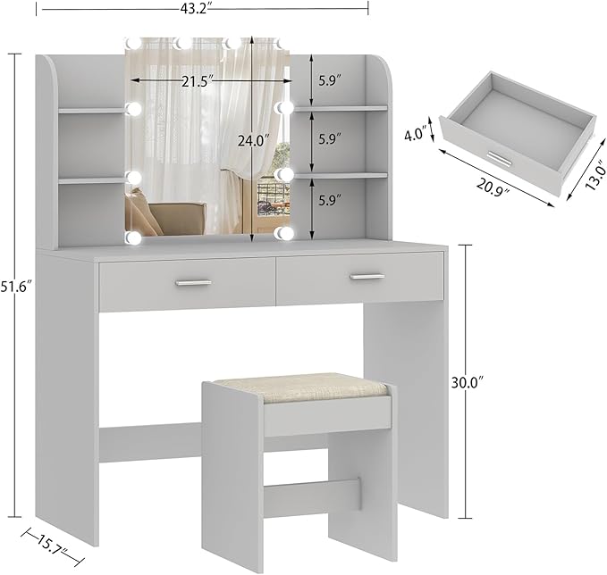 usikey Vanity Desk, Makeup Vanity Table with 10 LED Light Bulbs, Vanity Table, Vanity Desk Set with 2 Drawers, 6 Storage Shelves & Cushioned Stool for Women Girls, Bedroom, Grey