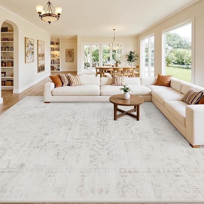 8x10 Area Rugs Living Room: Bedroom Washable Carpet Neutral Cream | Large - Image 8