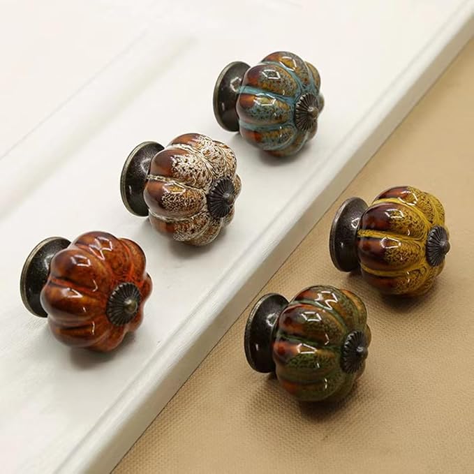 5 Pack Vintage Ceramic Pumpkin Cabinet Knobs, Kitchen Cabinet Drawers Dresser Cupboard Pull Handles Door Pulls with 5 Kinds of Screws (Leopard Print -White)