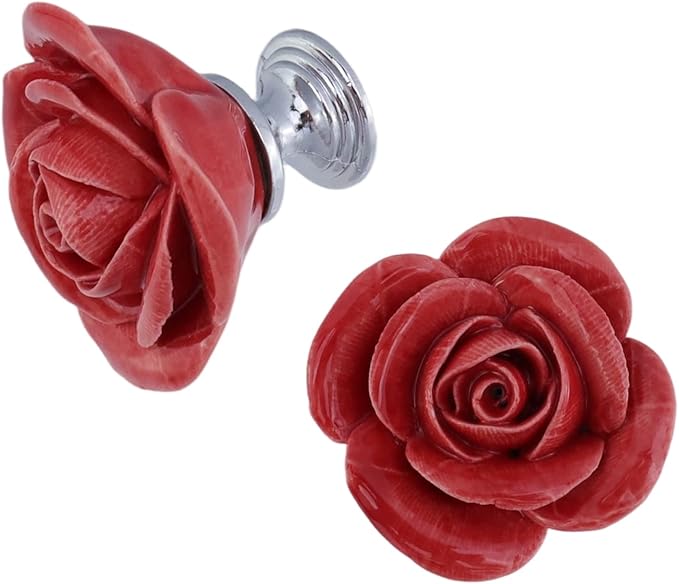 8PCS 1.57" × 1.38" Ceramics Begonia Red Rose with Base Knobs Flower Shaped Pulls for Cupboard Drawer, with 2 Kinds of Screws