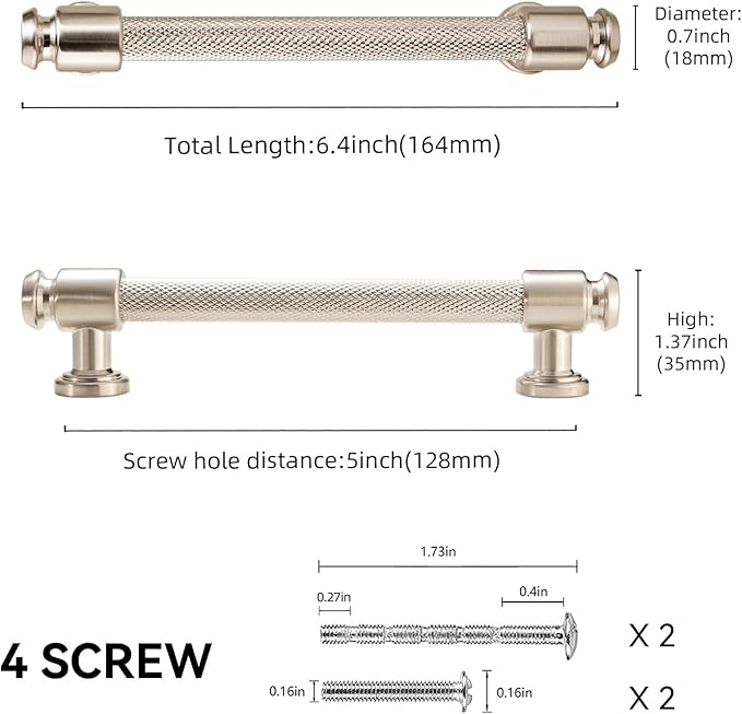 10 Pack 5 inch(128mm) Brushed Satin Nickel Kitchen Cabinet Handles Knurled Cabinet Pulls Silver Drawer Pulls Kitchen Cabinet Hardware