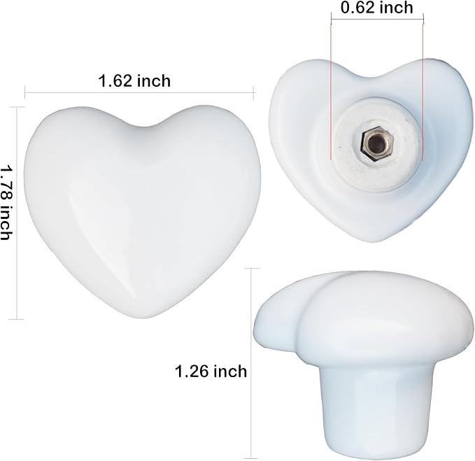 Ceramic Drawer Knobs Heart Shape Cabinet Dresser Pulls Handles with 3 Sized Screws, Kitchen Furniture Knobs for Closet Cupboard Wardrobe (White, 10 Pack)