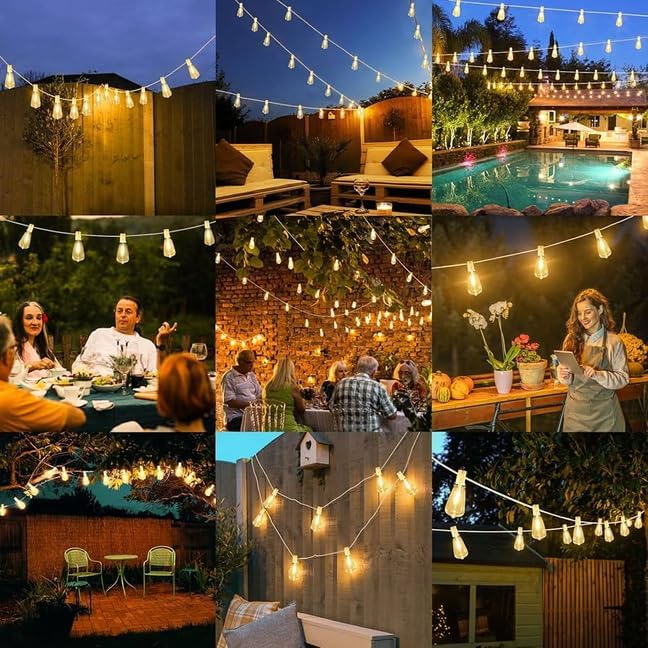 Brightever 50FT Outdoor String Lights Weatherproof, Patio Lights with 25+2 ST38 Edison Shatterproof Bulbs, Commercial Grade Warm White LED String Lights Decorative for Christmas, Wedding, Party, White
