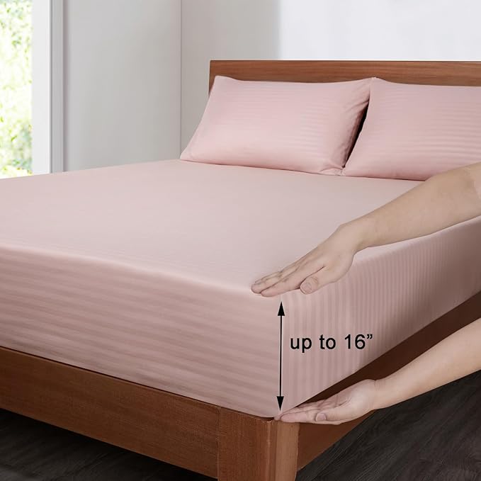 Mejoroom Striped Twin Sheet Set - Hotel Collection Twin Sheets - Bedding Sheets & Pillowcases with Deep Pocket Fitted Sheet, Breathable, Wrinkle & Fade Resistant - 3 Piece (02-Dusty Pink)
