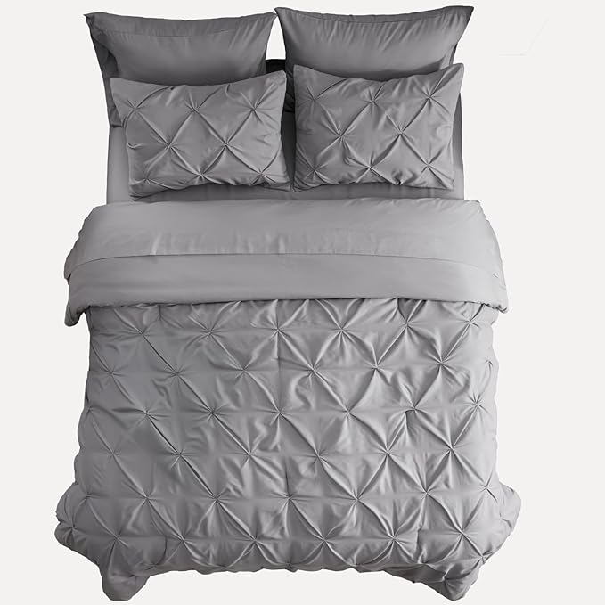 Bedsure Twin Comforter Set Grey - Bed in a Bag Twin Size Bedding 5 Pieces, GentleSoft™ Pintuck Bed Set Gift for Family, Pinch Pleat Grey Comforter with Sheets, Pillowcase & Sham