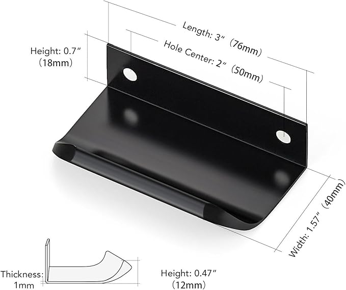 Ravinte Hardware 12 Pack Black Cabinet Handles, 3 Inch (76mm) Finger Edge Pulls, 2 Inch Hole Center, Finger Pulls for Cabinets