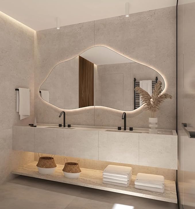 Asymmetrical Bathroom LED Mirror, Modern Irregular Shape Wall Mirror with LED Lights, Frameless Aesthetic Backlit LED Illimunated Vanity Mirror (25" x 13" inc)