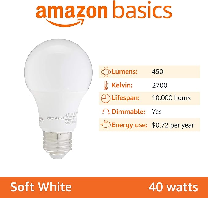 Amazon Basics LED Light Bulbs, Energy Efficient 6W, 40 Watt Equivalent, E26 Standard Base, 2700, Dimmable, 10,000 Hour, Soft White, 6 Count