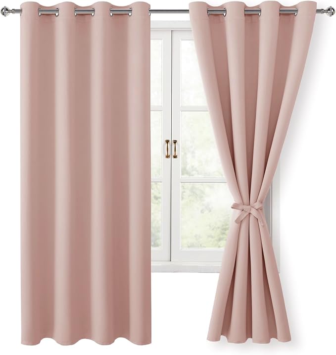 Blackout Curtains for Bedroom, 52 x 63 Inches Length Blush 2 Panels | Thermal by Hiasan