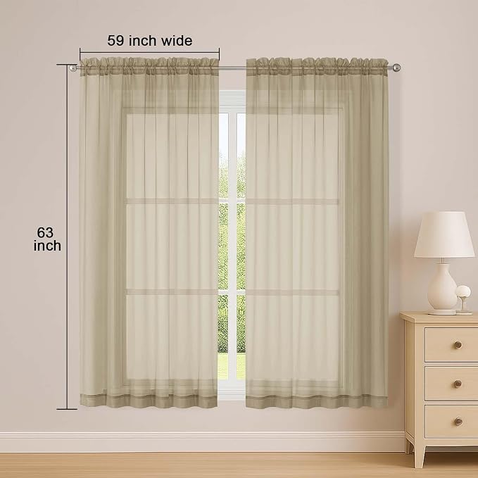 Sheer Taupe Curtains, Sheer Curtains 63 inch Length 2 Panels Set, Rod Pocket - Image 2