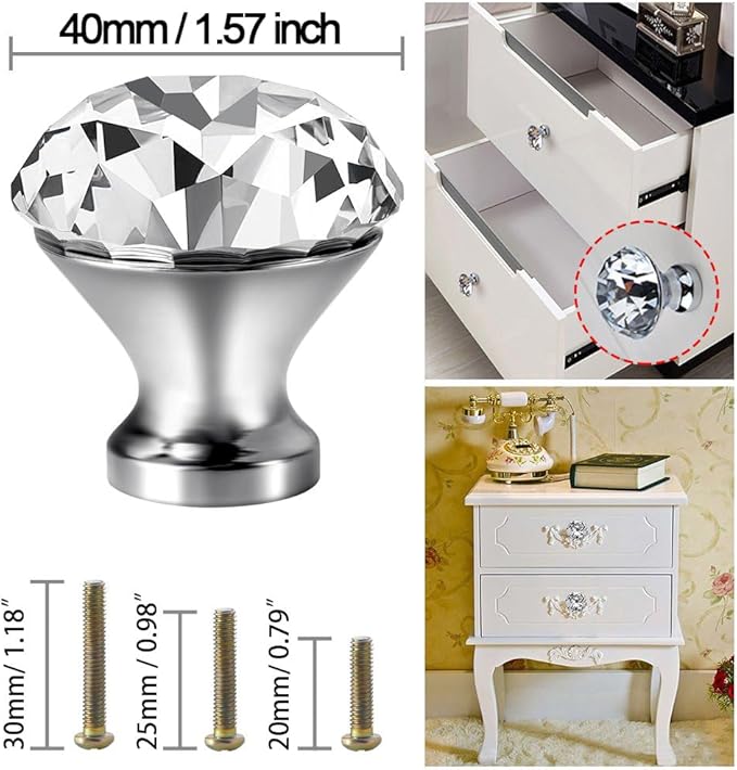 40mm Kitchen Cabinet Knobs Drawer Pull Handle Hardware, Crystal Clear Glass Round Diamond Shape Dresser Closet Bi-fold Door Bathroom Cupboard Desk Nightstand Furniture Decorative Drawer Knobs （12PCS）