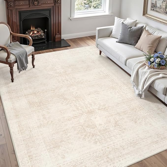 3x5 Area Rugs Living Room: Bedroom Neutral Washable Carpet Beige | Large - Image 3