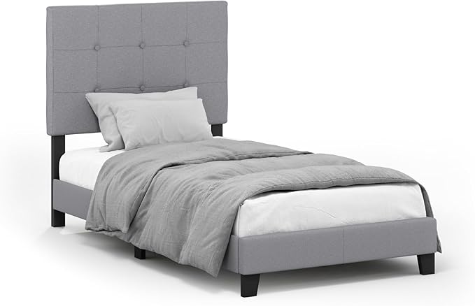 Furinno Laval Button Tufted Upholstered Platform Bed Frame, Twin, Glacier