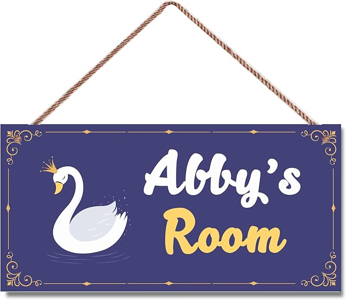 Personalized Vintage Swan Art Décor For Kids Room Custom Name Door Wall Decor, Blue Floral Nursery Art Plate For Girls Bedroom Home Club Cabin Garage Store Bar