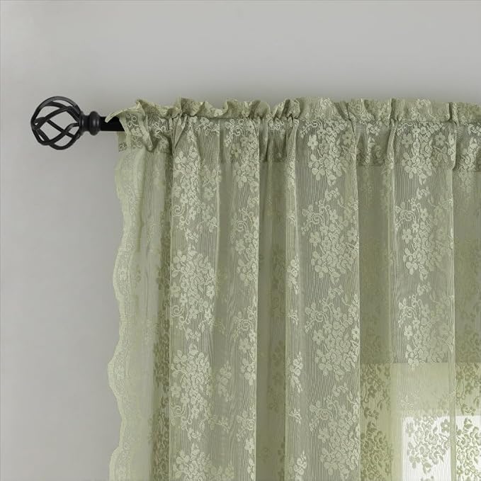 YJ YANJUN Vintage Lace Curtains 63 Inch Length-Elegant Floral Sage Green Sheer - Image 4
