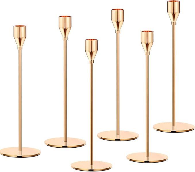 French Honey Gold Taper Candle Holders,Set of 6 Tall Taper Candlestick fit for 3/4" Thick Pillar Candle&Led Modern Metal Candle Stands Decorative Table Centerpieces for Dinning Party Church,Decorative