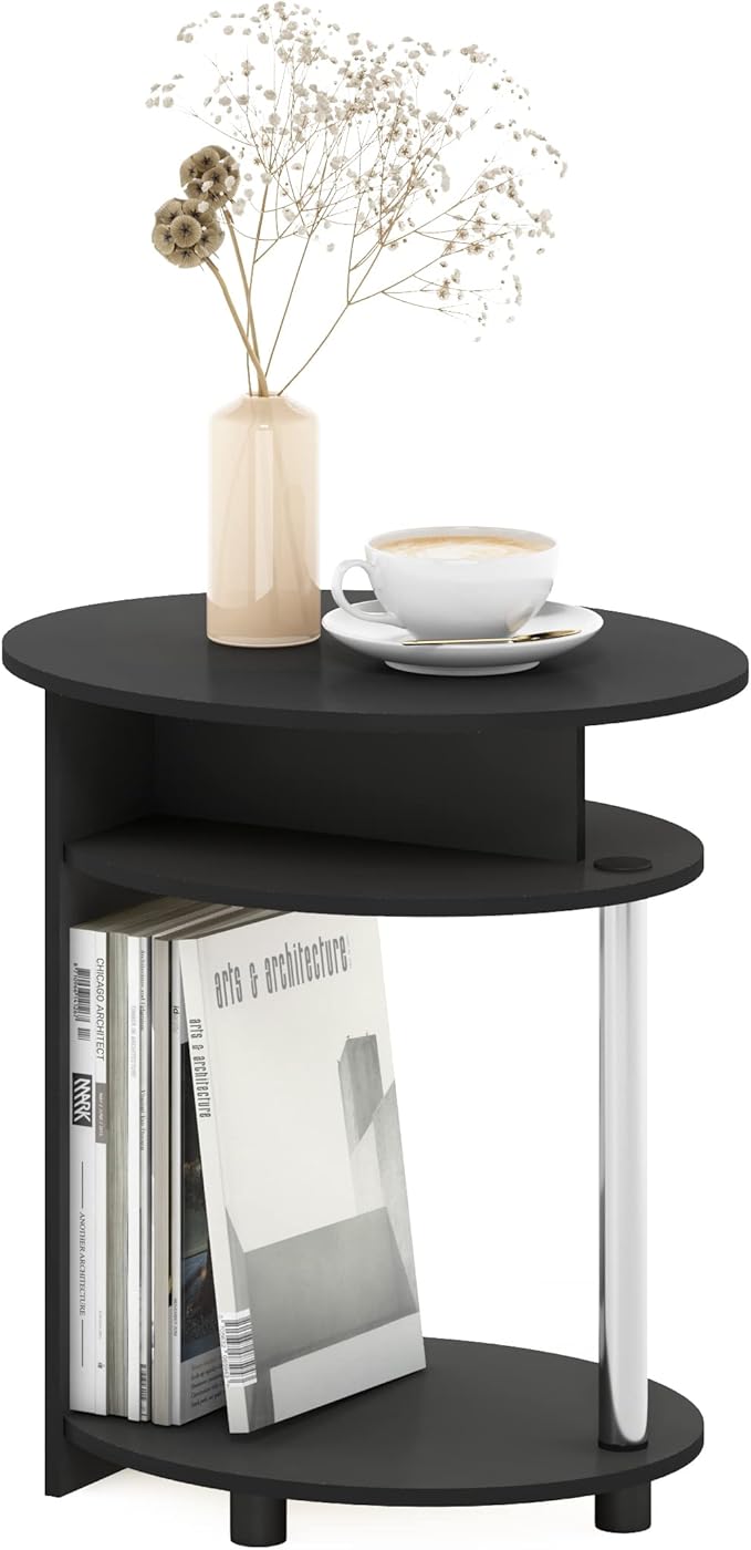 Furinno JAYA Simple Design Oval End Table with Bin, Americano/Chrome