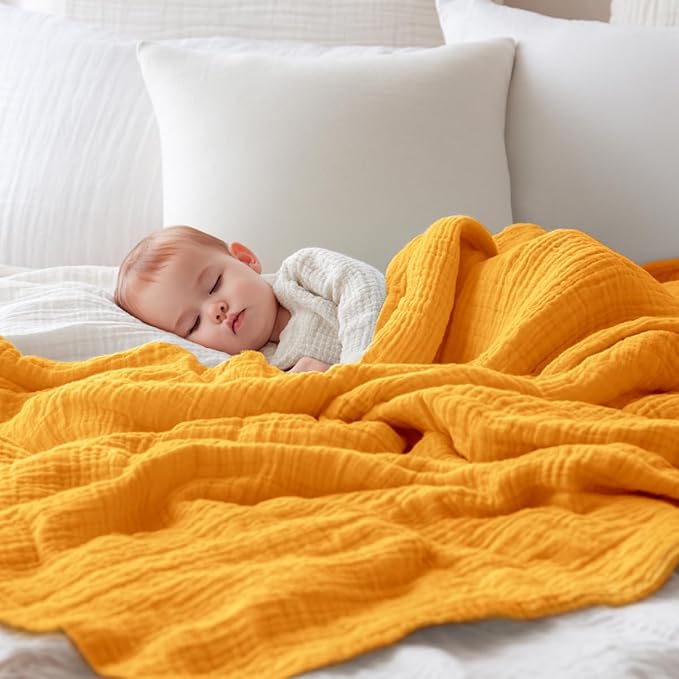 EMME Muslin Blankets for Adults Mustard Yellow Small Blanket 40" x 50" | Throw - Image 3