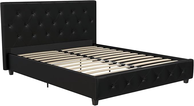 DHP Dakota Upholstered Platform Bed with Diamond Button Tufted Headboard and Footboard, No Box Spring Needed, Full, Black Faux Leather