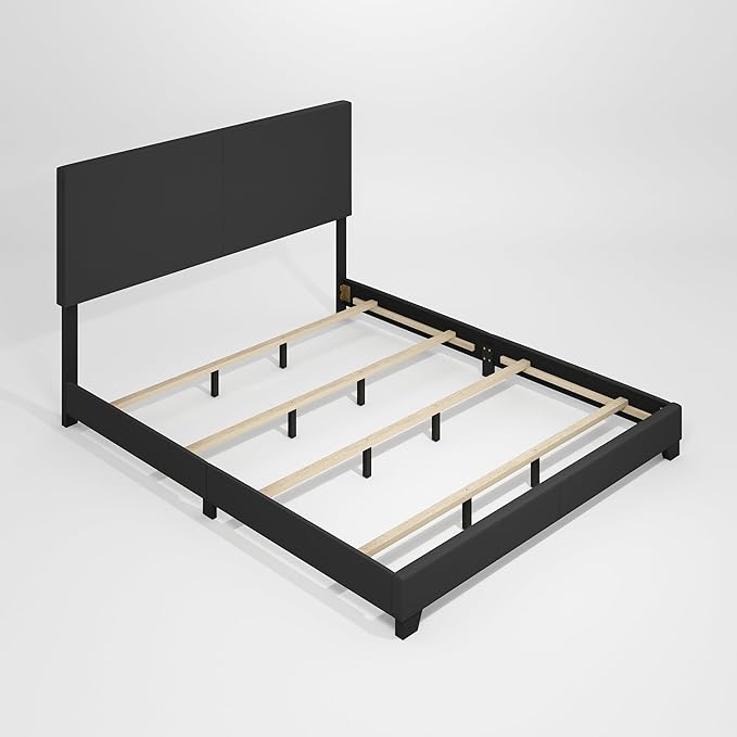 Furinno PESSAC Bed Frame, California King Size Bedframe with PU Leather Upholstery Headboard, Bed with Legs, Wooden Slat Support, Easy Assembly, for Bedroom, Dorm, Plain Black