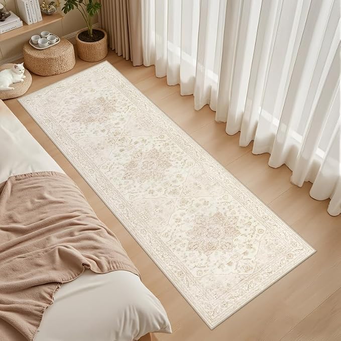 2'6''x8' Hallway Washable Runner Rug: Kitchen Carpet Beige White | Vintage Boho - Image 3