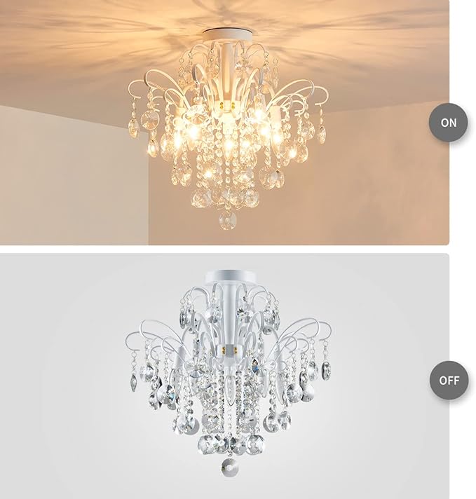 WUZUPS Crystal Chandelier Flushmount Ceiling Light Modern Lighting Fixture for Bedroom Hallway Bar Kitchen Bathroom, H 17.5'' x W 19.3'', E12 Base, White