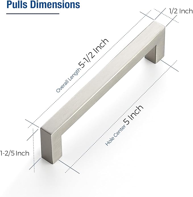 JOY DECOR 12 Pack Cabinet Handles, Brushed Nickel Cabinet Pulls, 5 Inch Kitchen Closet Handles Square Drawer Pulls Stainless Steel Drawer Hardware, 128mm Hole Centers