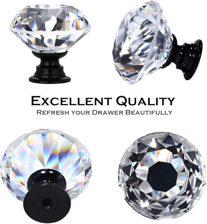 DEELF 26 Packs Kitchen Cabinet Knobs, 30 mm Crystal Cabinet Knobs, Diamond Dresser Handle Drawer Pulls, Dresser Knobs for Cabinets and Drawers, Black Base