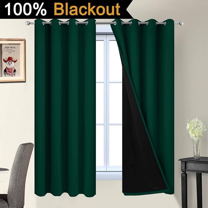 Yakamok Dark Green 100% Blackout Curtains 63 Inches Long 52" Wide 2 Panels | - Image 2