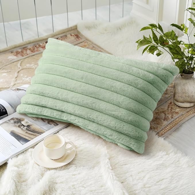 decorUhome Fall Faux Fur Throw Pillow Covers 12x20 Set of 2 Sage Green | - Image 4