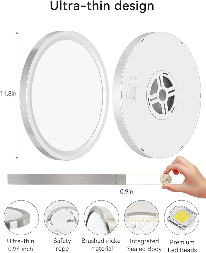 zemty LED Ceiling Light Brushed Nickel - 12In 28W Silver Round Flat Light Fixture with 3 Color Temperature 3000K/4500K/6000K - 3200lm Flush Mount Ceiling Light for Kitchen Bathroom Shower,6 Pack