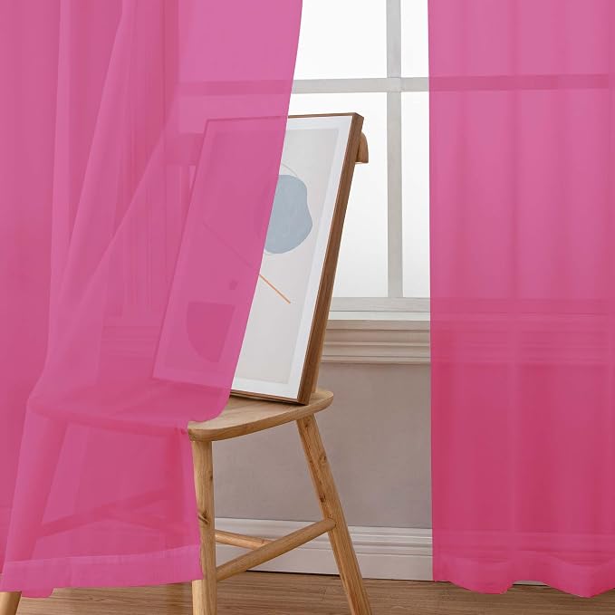 Chyhomenyc Sheer Curtains 63 Inch Length 2 Panels, Hot Pink | Light Filtering - Image 6