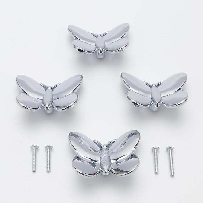 Silver Butterfly Drawer Knobs Kitchen Hardware for Cabinets Cute Animal Dresser Knobs Furniture Cupboard Handles Single Hole Cabinet Knobs 4 Pcs (Silver)