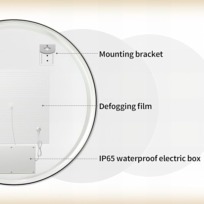 44" Round LED Bathroom Mirror, Wall Mounted Round Backlit Mirror LED Bathroom Vanity Mirror with Lights Fog Free Circle Lighted Mirror with Black Frame, Smart Light up Mirror 3-Color