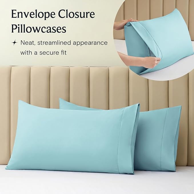 LuxClub 4 PC Queen Sheet Set, Deep Pockets Wrinkle Free Cooling Bed Sheets Hotel Bedding for Women, Men, Kids & Teens, Includes 1 Fitted Sheet, 1 Flat Sheet and 2 Pillowcases - Silky Soft Aqua