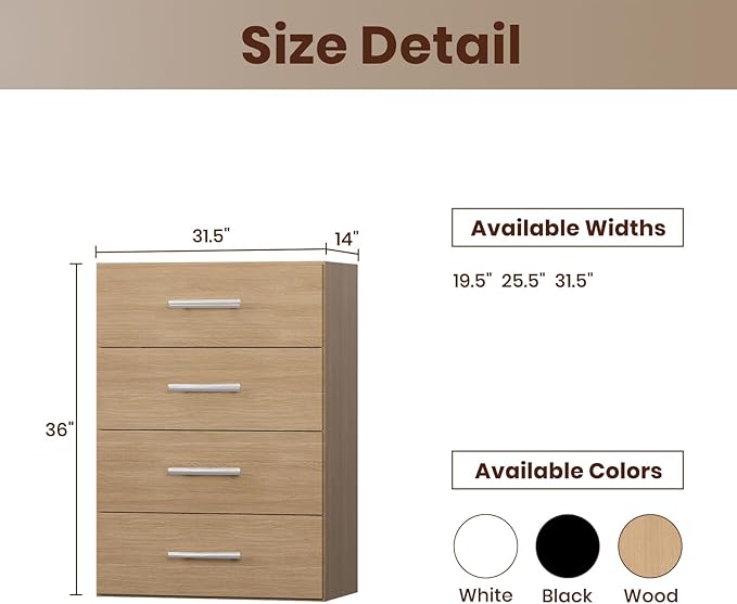 ROOMTEC 31.5" 4 Drawer Short Tower Closet Unit, Modular Closet System with Drawers and Shelf, Wardrobe Organizer for Bedroom or Walk-in Closet, Wall Mounted, Customizable Clothes Storage Unit, Wood