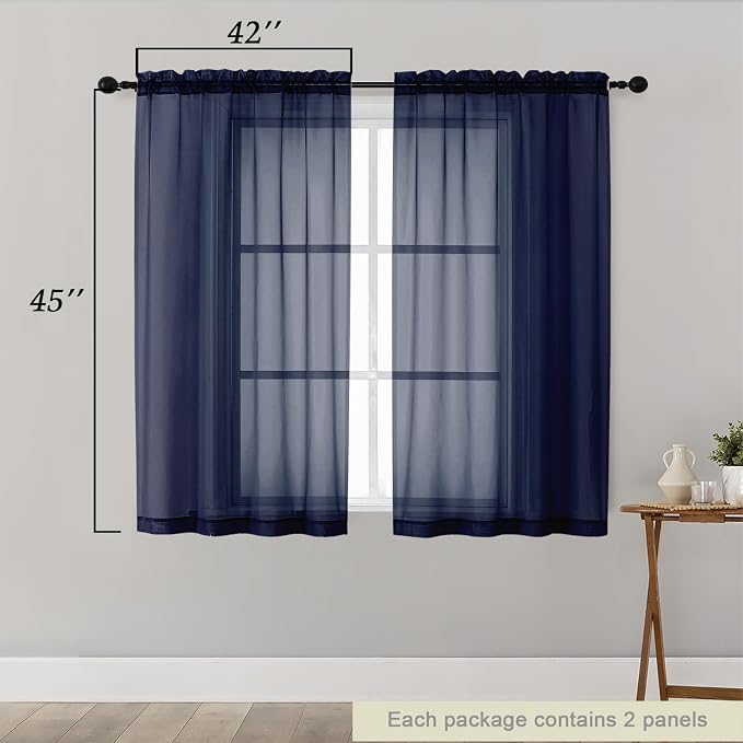 Navy Blue Sheer Curtains for Bedroom Living Room 45 Inch Length 2 Panels - Image 2