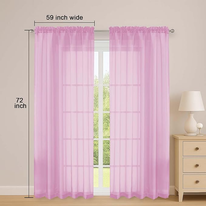 Pink Sheer Curtains 72 Inches Long 2 Panels Set, Transparent Voile Sheer Curtain - Image 2