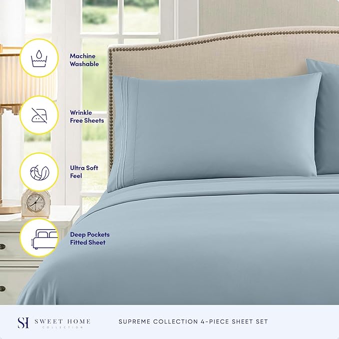California King Sheet Sets - Breathable Luxury Sheets with Full Elastic & Secure Corner Straps Built In - 1800 Supreme Collection Deep Pocket Bedding Set, Sheet Set, California King, Misty Blue