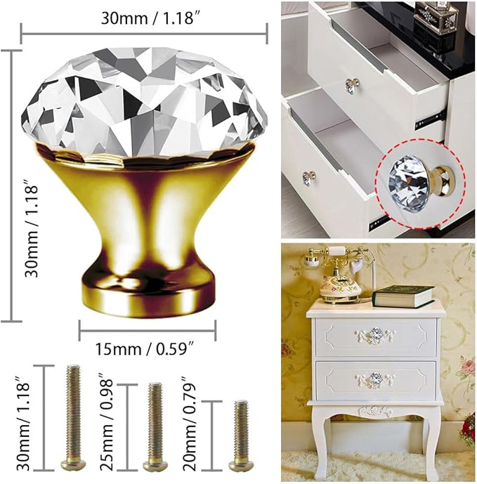 30mm Kitchen Cabinet Knobs Drawer Pull Handle Hardware, Crystal Clear Glass Round Diamond Shape Dresser Closet Bi-fold Door Bathroom Cupboard Desk Nightstand Furniture Decorative Drawer Knobs （8PCS）