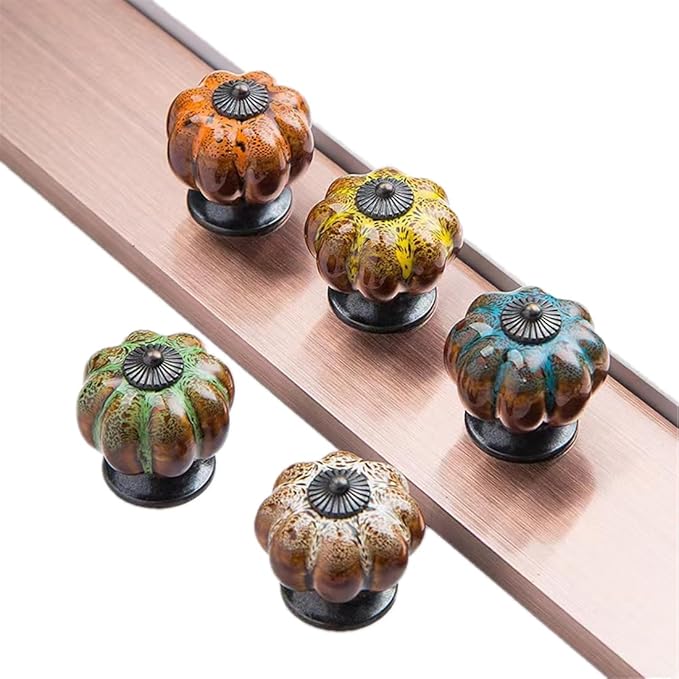 10 Pack Vintage Ceramic Pumpkin Cabinet Knobs, Kitchen Cabinet Drawers Dresser Cupboard Pull Handles Door Pulls with 5 Kinds of Screws (Leopard Print -Orange)