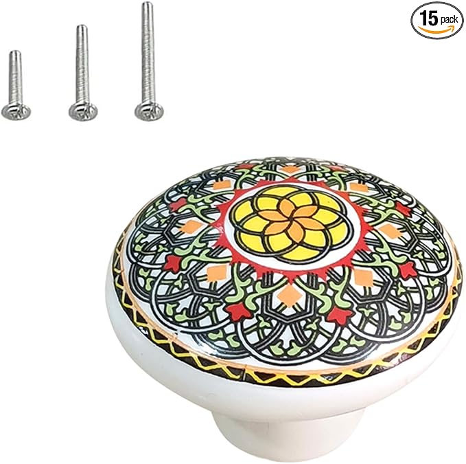 HUAMULAN 15 Pack Boheimian Retro Ceramic Knobs Vintage Dresser Button Shape Mushroom Boho Kitchen Petal Cabinet Pulls Cupboard Wardrobe Drawer Door Handles Glossy