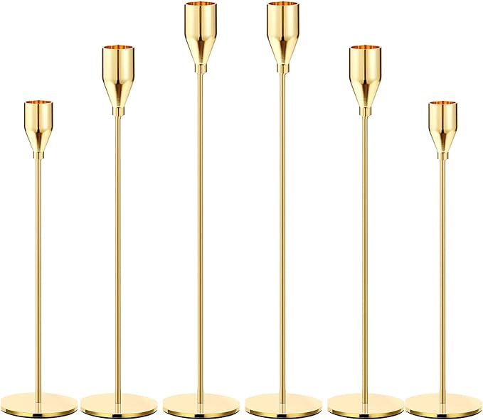 Gold Taper Candle Holders, Set of 6 Gold Candlestick Holders Taper Candle Holders fits 3/4" Thick Pillar Candle Led Modern Metal Candles, Elegant Stands Decorative Table Candle Holder