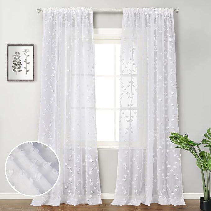 MYSKY HOME Pom Pom White Sheer Curtains for Bedroom Girls Room Curtains for Nursery Kids Light Filtering Boho Window Drapes, Rod Pocket, 52 x 95 Inches, 2 Panels