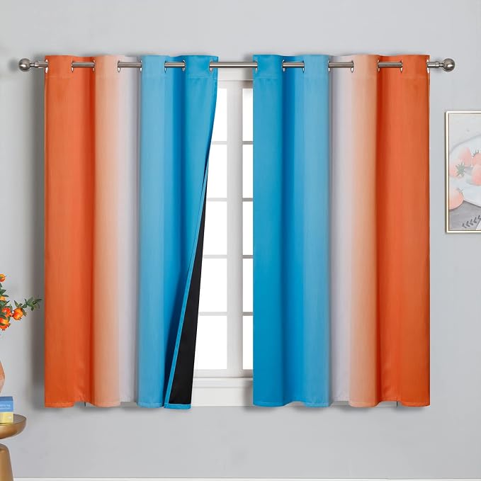 Ombre Orange and Blue Blackout Curtains 52Wx45L Inch Long | Gradient Curtains by ESTELARTEXTILER