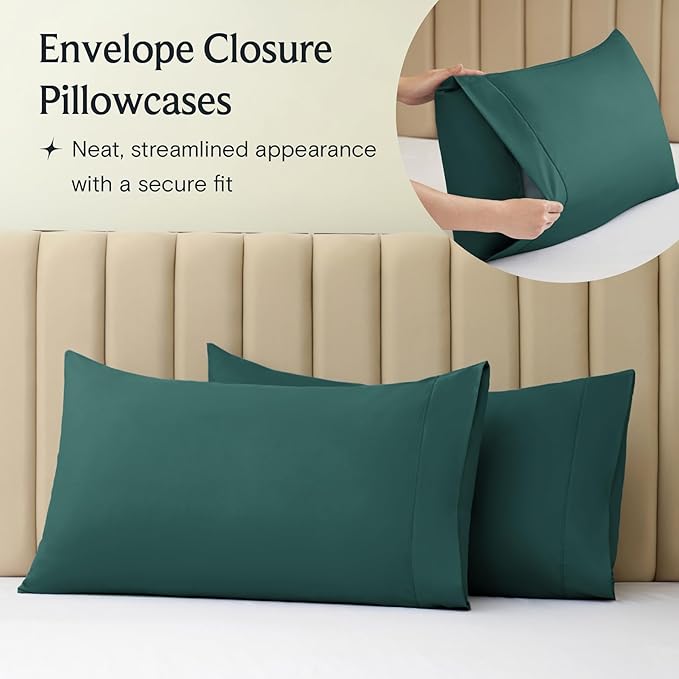 LuxClub 5 PC Split King Sheet Set, Breathable Luxury Bed Sheets, Deep Pockets Wrinkle Free Cooling Sheets Machine Washable Hotel Bedding Silky Soft - Emerald Split King