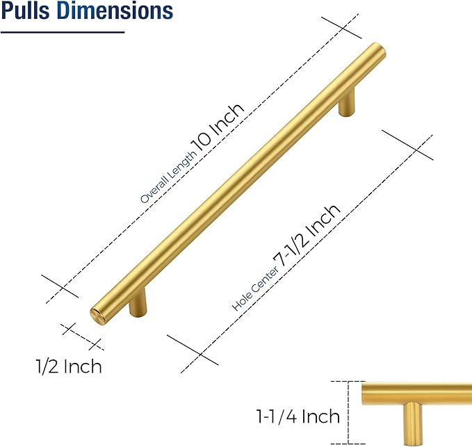 JOY DECOR 20 Pack Cabinet Handles, Gold Cabinet Pulls, 7-1/2 in Hole Center Kitchen Cabinet Handles, Stainless Steel T Bar Handles for Dresser Drawers