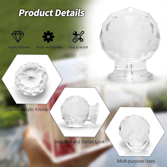 MroMax Tiny Pull Handle Round Diamond Acrylic Mini Knob 17mm Diameter Clear Shiny Cute Decoration for Jewelry Box, Gift Case and Makeup Box 2Pcs