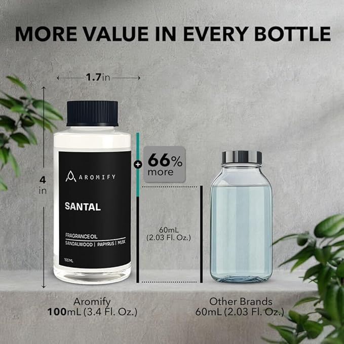Santal Diffuser Oil, 3.3 Fl Oz, 100 mL, Diffuser Fragrance Oil for Home, Bathroom & Office, Aromatherapy Blend of Natural Essential Oil, Sandalwood & Musk Scent.